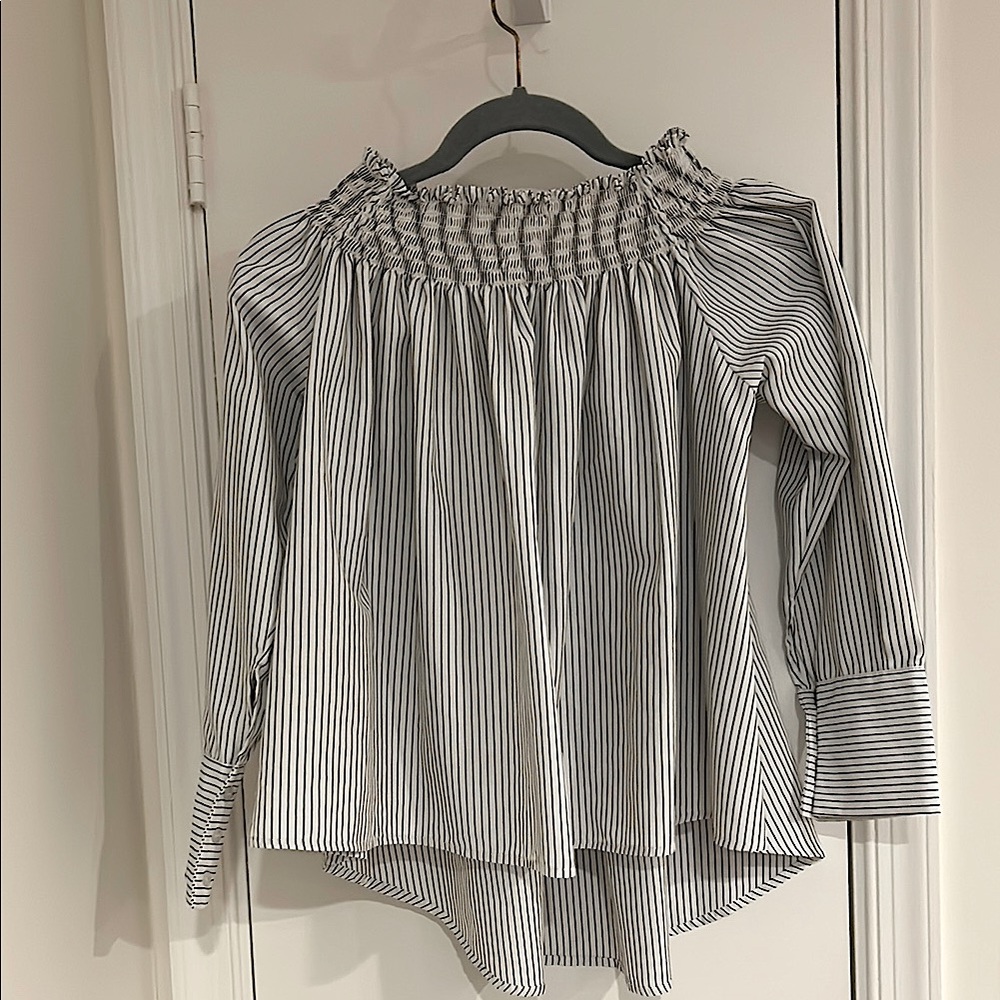 Aqua Black and White Striped Blouse
